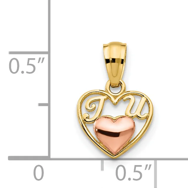 A two-tone gold heart pendant with "I love U" script lettering and a rose gold center, shown next to a ruler indicating approximately 0.5 inches in height.