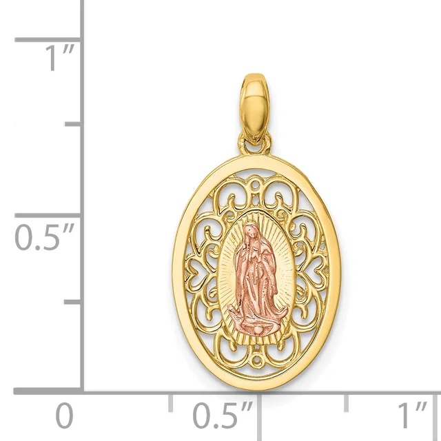 A two-tone gold oval pendant featuring an ornate filigree border in yellow gold surrounding a central religious figure in rose gold, with a small stamped hallmark, shown against a measurement scale.