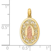 A two-tone gold oval pendant featuring an ornate filigree border in yellow gold surrounding a central religious figure in rose gold, with a small stamped hallmark, shown against a measurement scale.