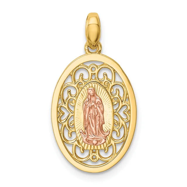 Gold oval pendant with ornate filigree border featuring a robed religious figure in the center with radiating lines behind it.