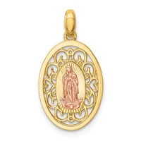 Gold oval pendant with ornate filigree border featuring a robed religious figure in the center with radiating lines behind it.