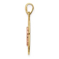 A long gold pendant with a loop at the top and a rose gold or copper-colored rectangular plaque with small stones set along its length.