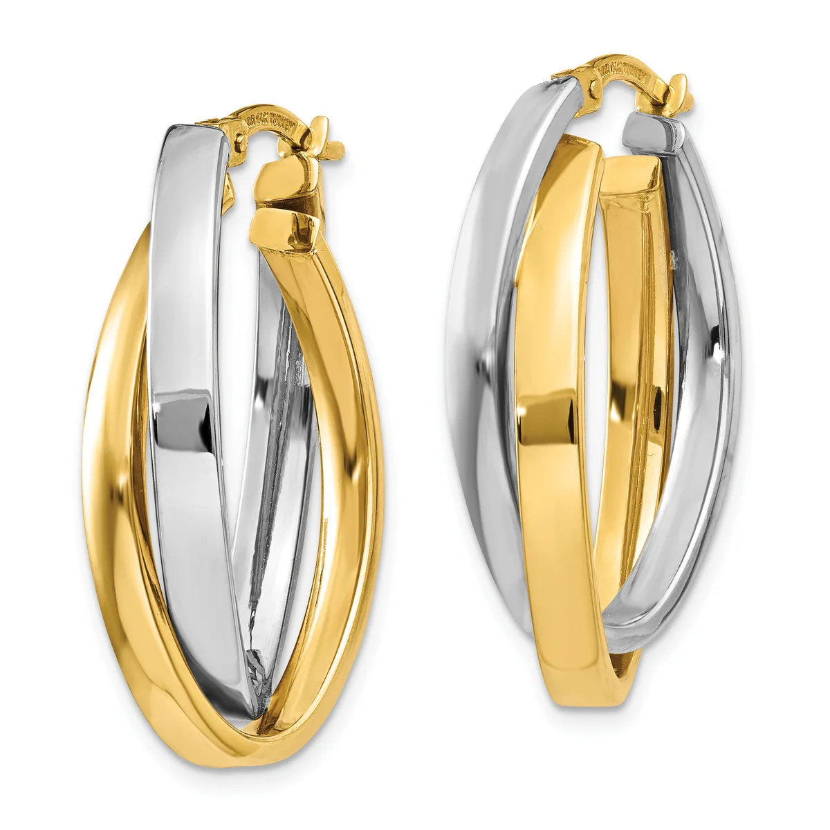 Pair of two-tone gold hoop earrings with interlocking yellow and white gold bands, shown from front and back views with post and clutch closures.