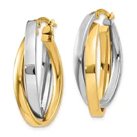 Pair of two-tone gold hoop earrings with interlocking yellow and white gold bands, shown from front and back views with post and clutch closures.
