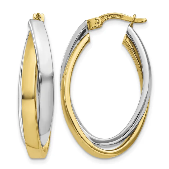 Pair of two-tone gold hoop earrings with white and yellow gold sections in an oval shape, shown from front and side views.
