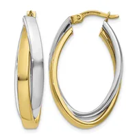 Pair of two-tone gold hoop earrings with white and yellow gold sections in an oval shape, shown from front and side views.