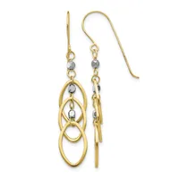 Pair of gold dangle earrings with interlocking oval loops and small gray beads, shown front and back views on white background.