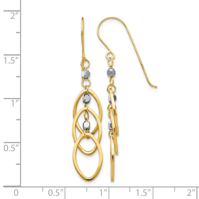 Gold-toned dangle earrings with interlocking oval loops and small gray beads, displayed next to a measurement ruler showing approximately two inches in length.