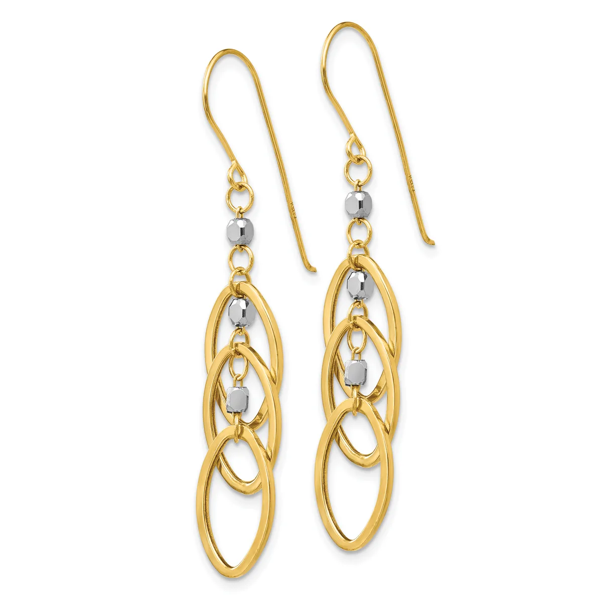Pair of gold drop earrings with interlocking oval loops and small gray beads, suspended from gold fish hook wires.