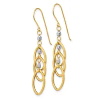 Pair of gold drop earrings with interlocking oval loops and small gray beads, suspended from gold fish hook wires.