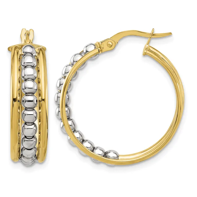 Pair of two-tone gold hoop earrings with polished yellow gold outer bands and white gold beaded inner detail, shown from front and side angles.