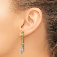 A woman wearing a long gold dangle earring with a textured mesh chain section and a strand of small round diamonds hanging from the bottom.