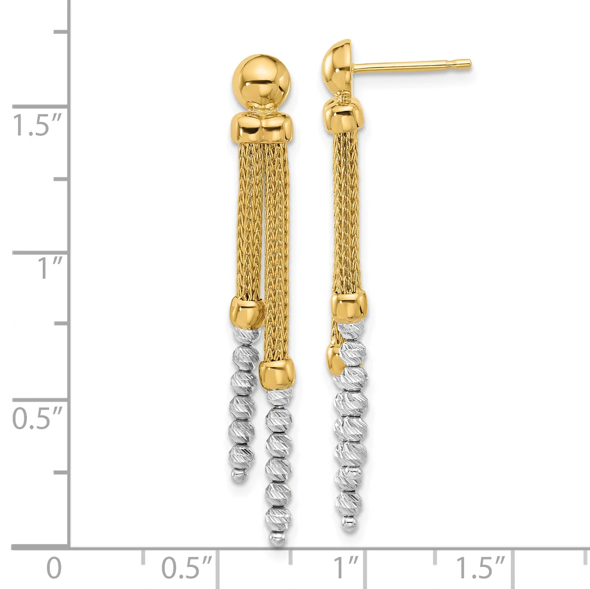 Two-tone gold drop earrings with polished yellow gold spheres at the top, mesh textured yellow gold tubes, and twisted white gold chains hanging below, shown with measurement scale.
