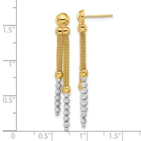 Two-tone gold drop earrings with polished yellow gold spheres at the top, mesh textured yellow gold tubes, and twisted white gold chains hanging below, shown with measurement scale.
