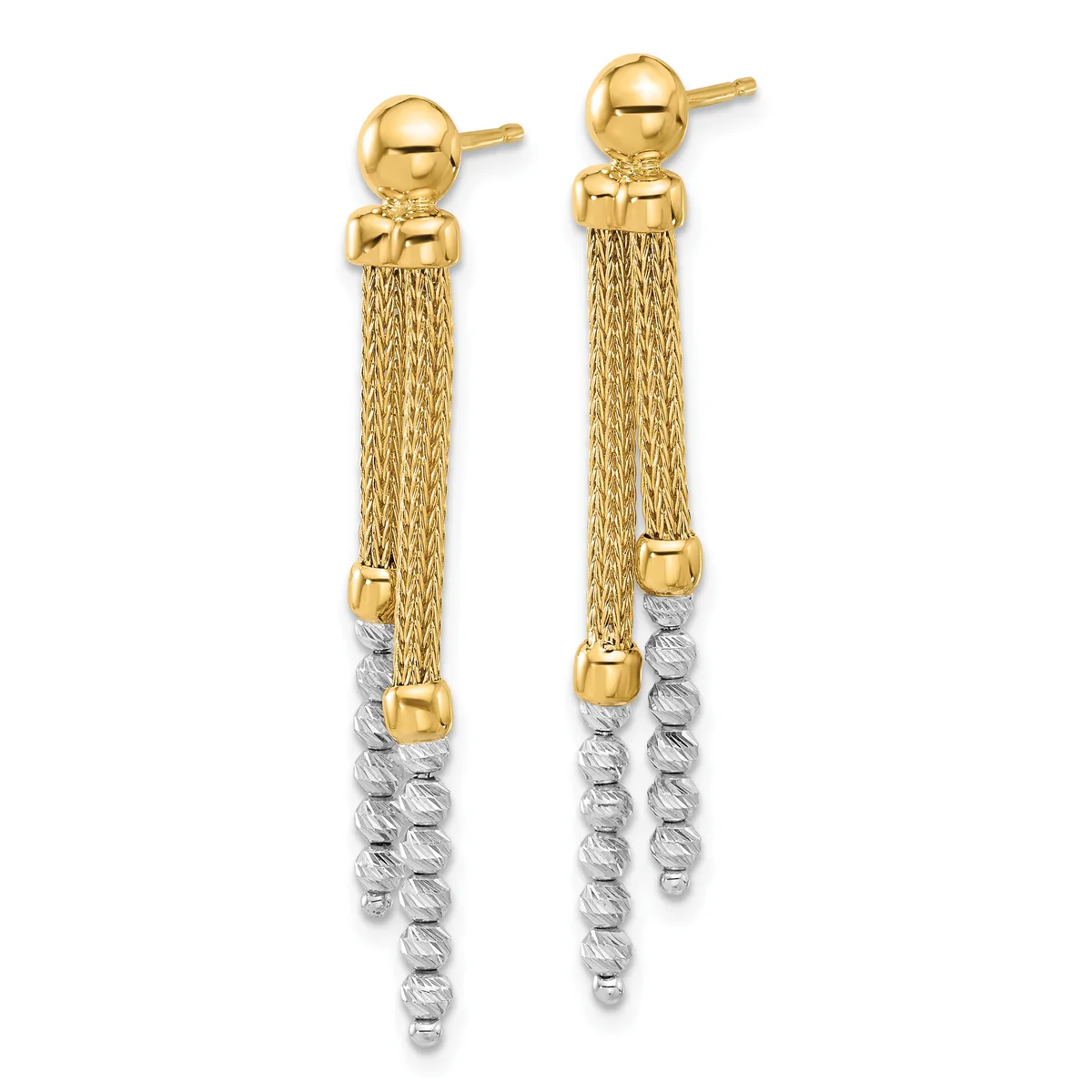A pair of gold and silver two-tone dangle earrings with mesh chain and textured rope strands, featuring ball studs.