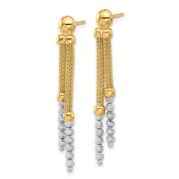 A pair of gold and silver two-tone dangle earrings with mesh chain and textured rope strands, featuring ball studs.