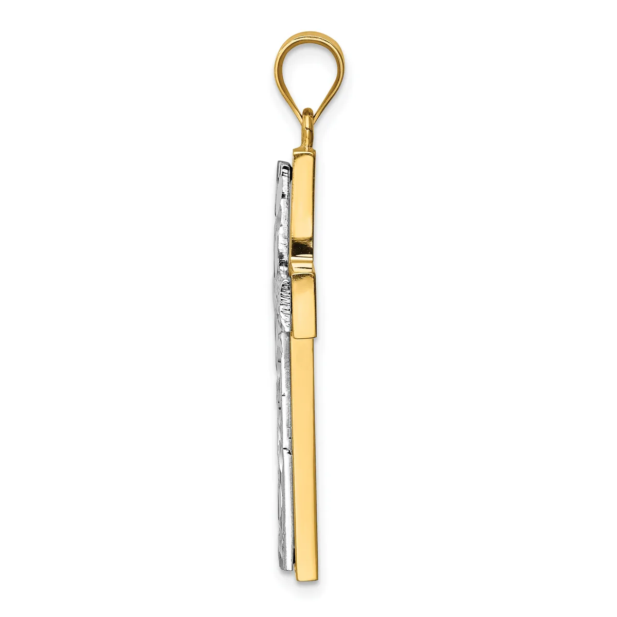 A two-tone pendant charm with a gold loop at the top, featuring a rectangular gold bar suspended next to a silver textured rectangular element.