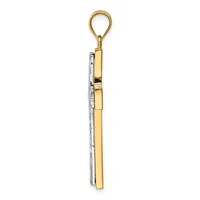 A two-tone pendant charm with a gold loop at the top, featuring a rectangular gold bar suspended next to a silver textured rectangular element.