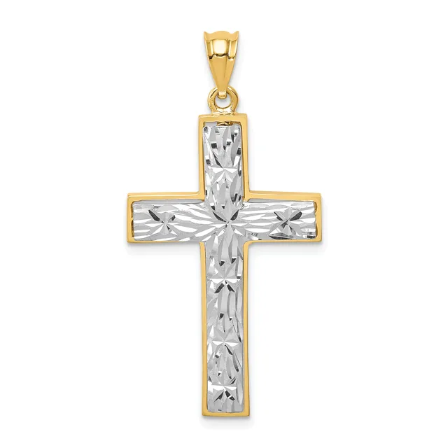 A two-tone cross pendant with a yellow gold outline and white textured center panel, suspended from a matching bail.
