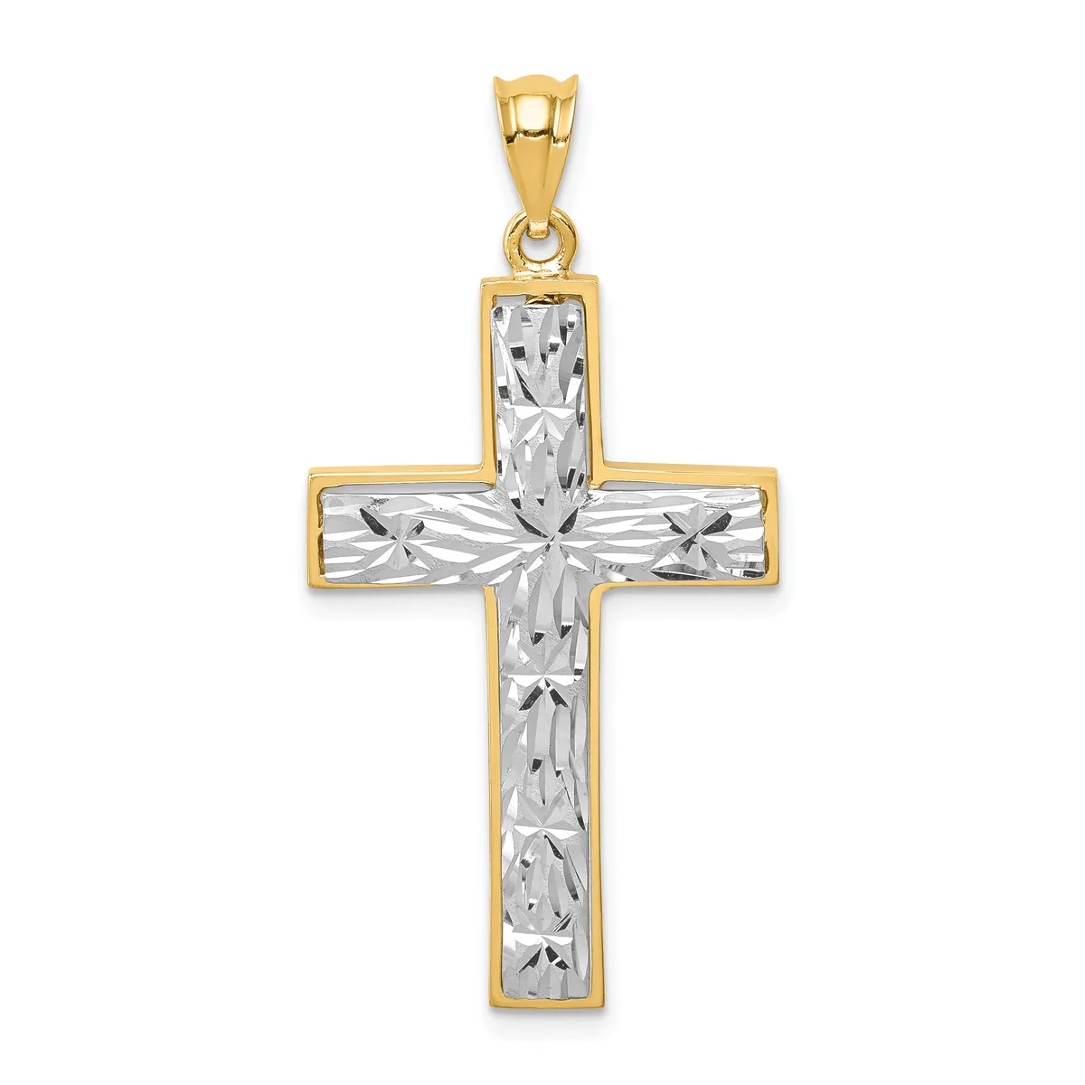 A two-tone cross pendant with a yellow gold outline and white textured center panel, suspended from a matching bail.
