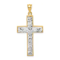 A two-tone cross pendant with a yellow gold outline and white textured center panel, suspended from a matching bail.