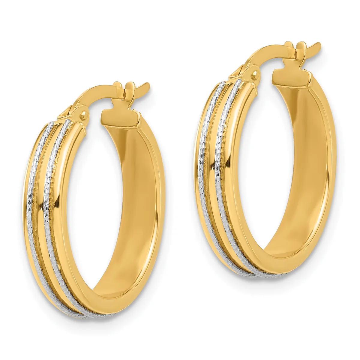 Pair of gold hoop earrings with two-tone textured and polished bands, featuring hinged posts and backs.