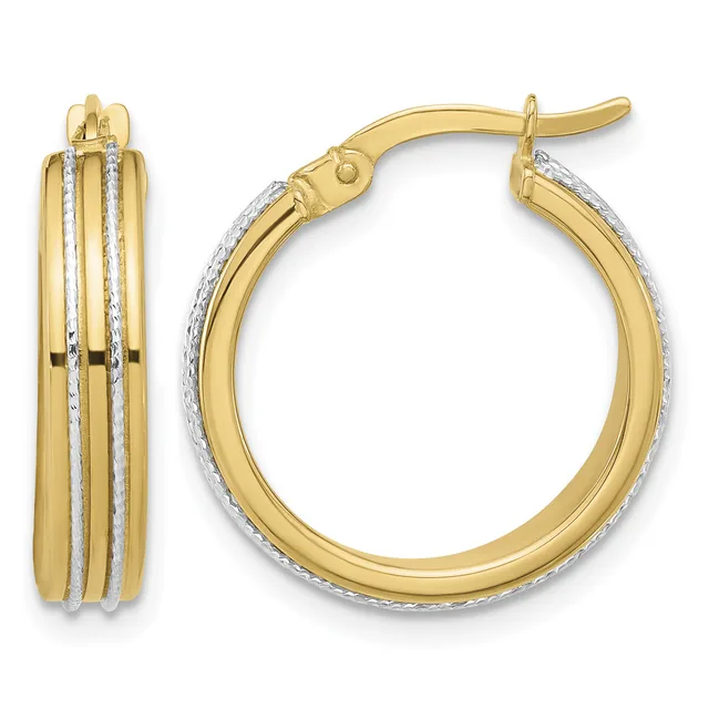 Pair of two-tone gold hoop earrings with textured white gold outer edges and smooth yellow gold inner bands, shown from front and side views.