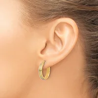 A woman wearing two-tone hoop earrings with a brushed gold finish and polished silver accent stripe, shown from the side profile against her ear.