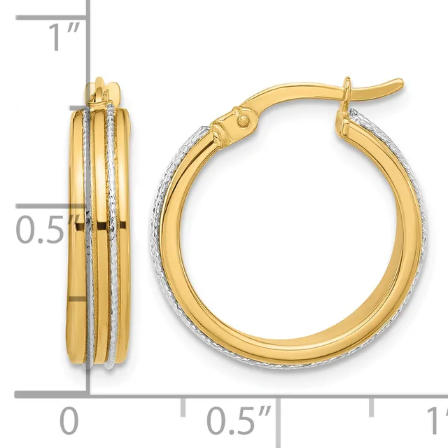 Pair of two-tone gold hoop earrings with textured and polished bands, shown from front and side views with measurement scale.