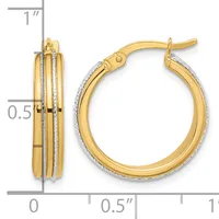 Pair of two-tone gold hoop earrings with textured and polished bands, shown from front and side views with measurement scale.