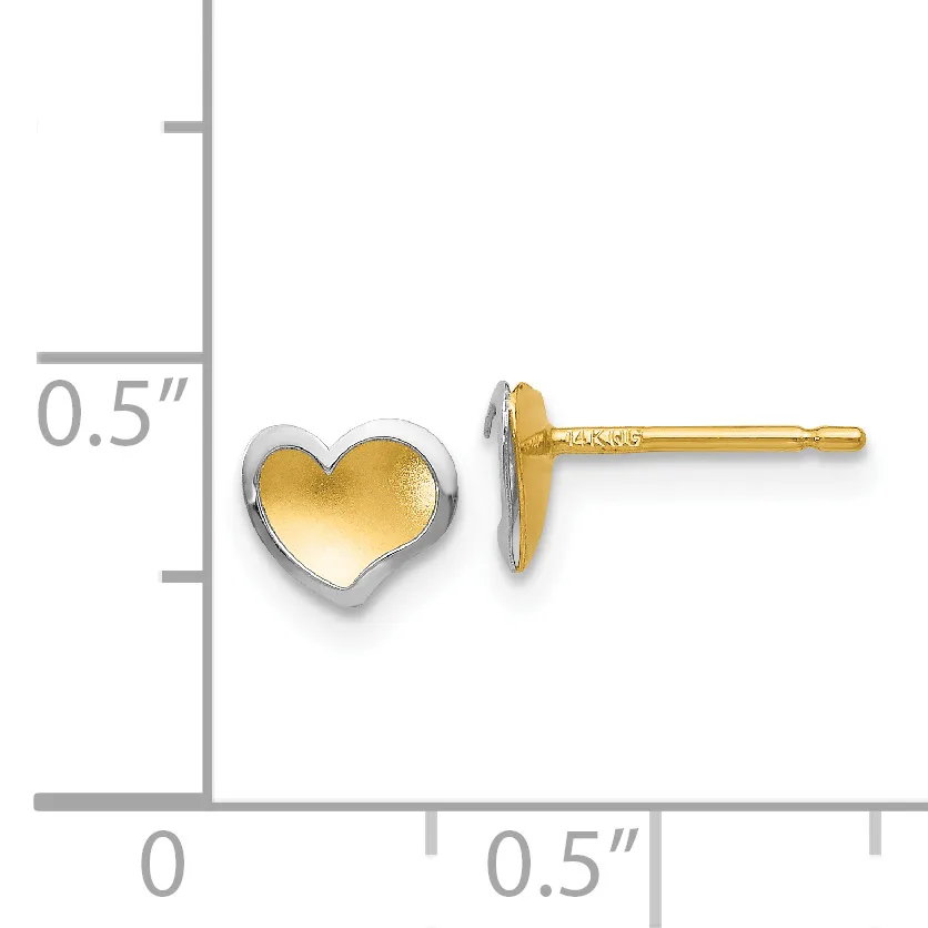 Two-tone heart stud earrings with gold centers and silver bezels, shown next to a measurement scale indicating they are approximately 0.5 inches tall.