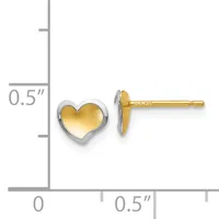 Two-tone heart stud earrings with gold centers and silver bezels, shown next to a measurement scale indicating they are approximately 0.5 inches tall.