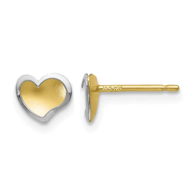 A pair of two-tone gold heart stud earrings with yellow gold fronts and white gold bezels and posts, shown from front and side views.