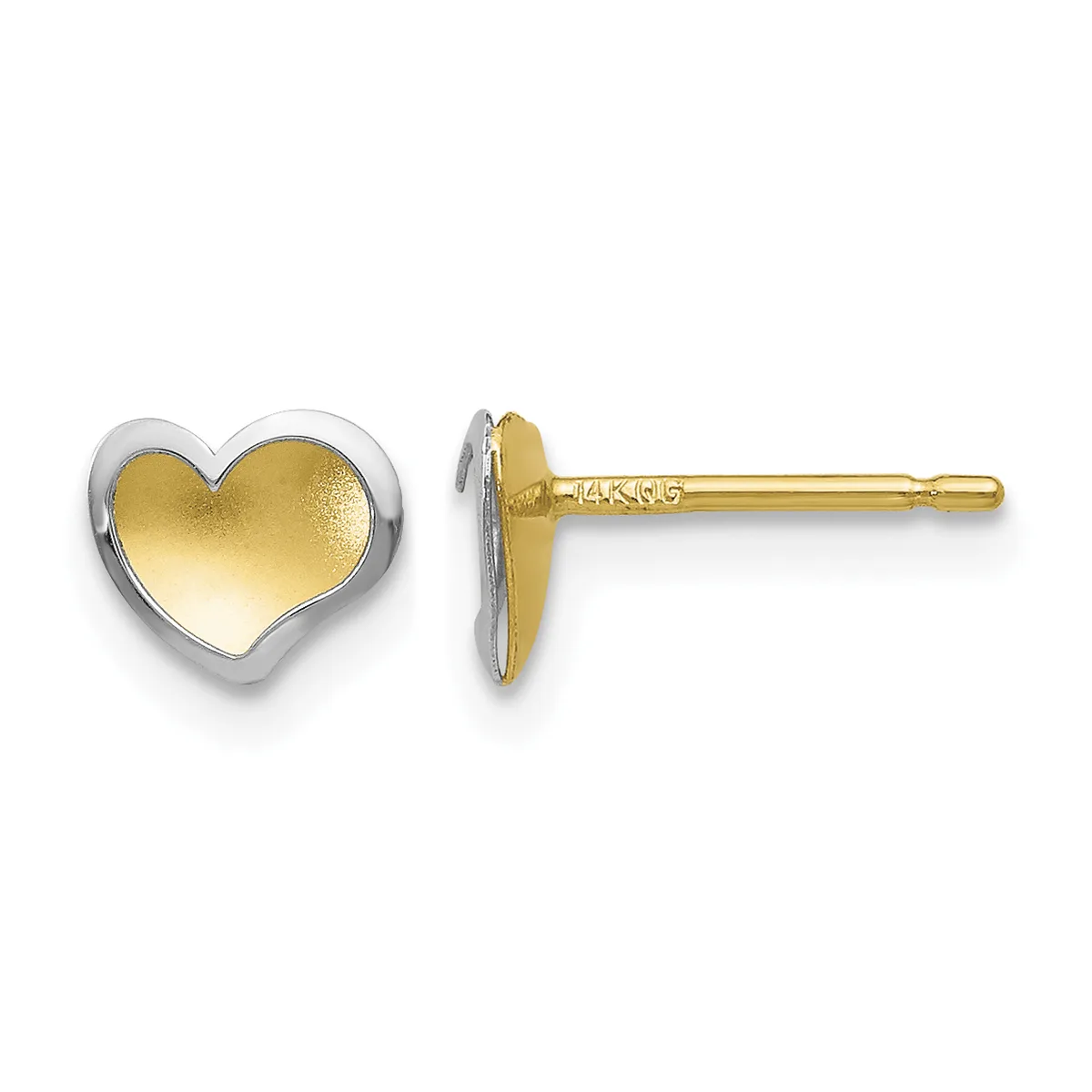 A pair of two-tone gold heart stud earrings with yellow gold fronts and white gold bezels and posts, shown from front and side views.
