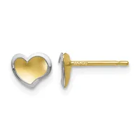 A pair of two-tone gold heart stud earrings with yellow gold fronts and white gold bezels and posts, shown from front and side views.