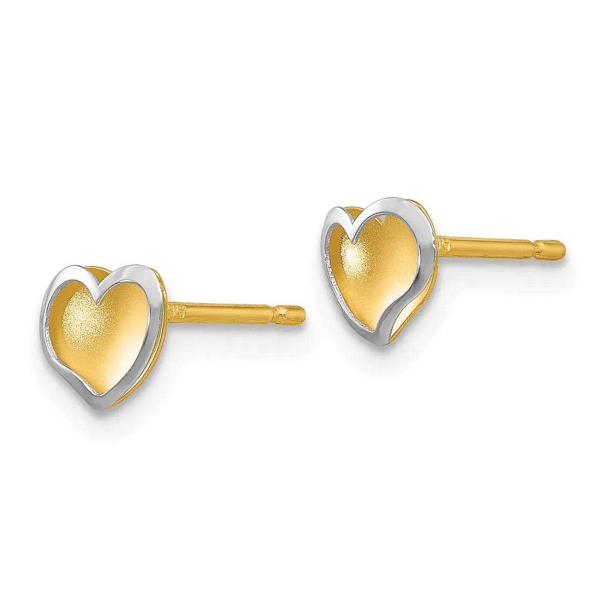 A pair of gold heart-shaped stud earrings with two-tone finish featuring textured gold centers outlined in white metal, shown with gold posts and backs.