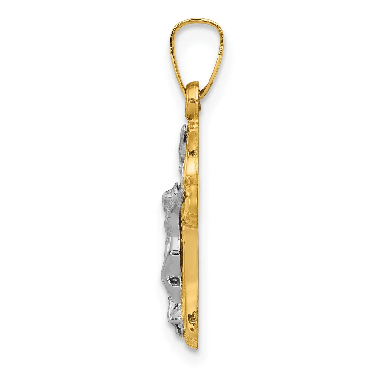 A two-tone pendant with a gold teardrop-shaped bail attached to a rectangular gold plaque holding an oval silver stone or crystal, displayed vertically.