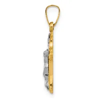 A two-tone pendant with a gold teardrop-shaped bail attached to a rectangular gold plaque holding an oval silver stone or crystal, displayed vertically.
