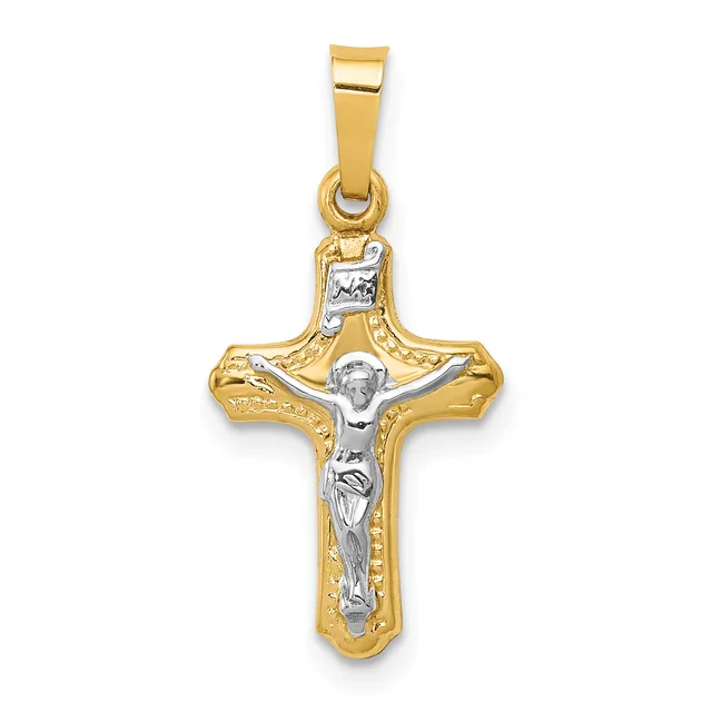 A two-tone gold crucifix pendant with a polished yellow gold cross and a white gold corpus figure, suspended from a matching bail.