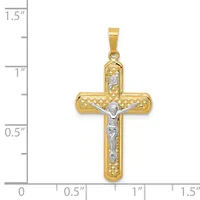 Two-tone gold crucifix pendant with textured gold cross and white gold corpus figure, shown next to a ruler measuring approximately 1.25 inches tall.