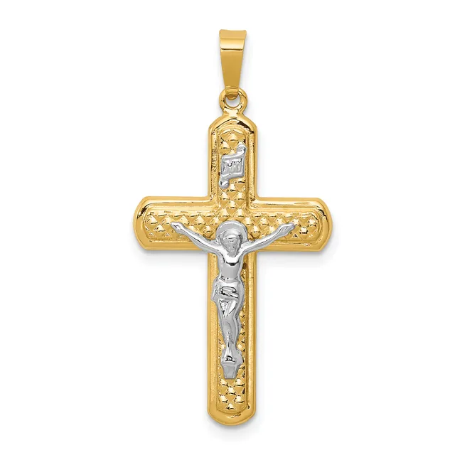 Two-tone gold crucifix pendant with textured yellow gold cross and white gold corpus figure, suspended from a bail loop.