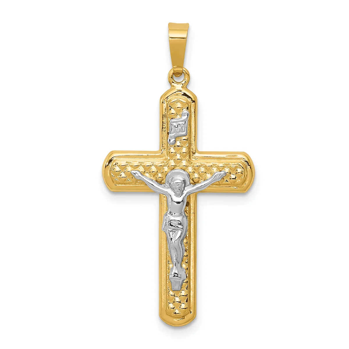 Two-tone gold crucifix pendant with textured yellow gold cross and white gold corpus figure, suspended from a bail loop.