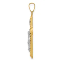 Gold teardrop pendant with two-tone textured surface featuring gray and gold finishes, shown suspended from a gold loop bail.