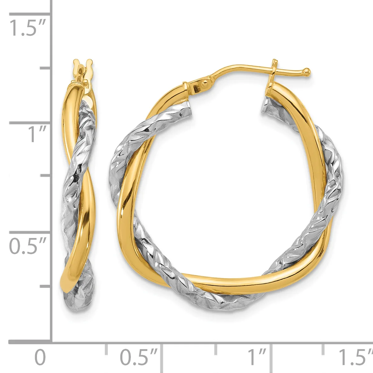 Two-tone twisted hoop earrings with yellow gold outer tubes and white textured inner tubes, approximately 1.25 inches in diameter, shown with a measurement scale.