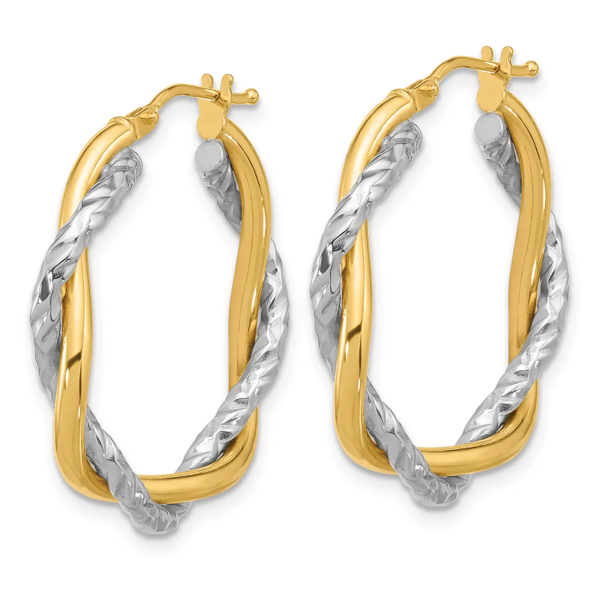 A pair of gold and silver twisted hoop earrings with textured surfaces and hinged closures, displayed side by side.