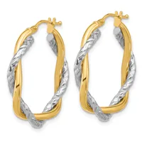 A pair of gold and silver twisted hoop earrings with textured surfaces and hinged closures, displayed side by side.