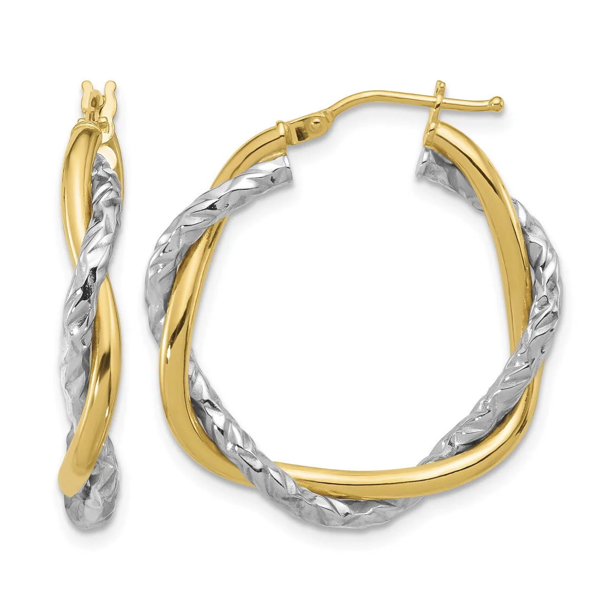 Pair of two-tone gold and silver twisted hoop earrings with post and clutch backs, shown from front and side views.