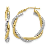 Pair of two-tone gold and silver twisted hoop earrings with post and clutch backs, shown from front and side views.