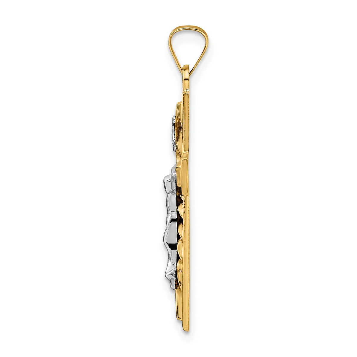Gold teardrop pendant with white gemstone accent, suspended from a gold loop bail, shown against a white background.
