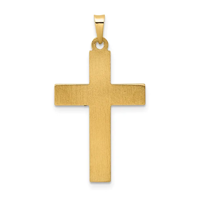 A polished gold cross pendant with a brushed matte finish and a small rectangular bail at the top.